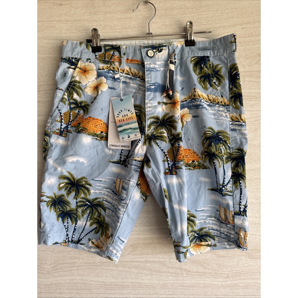 Denim & Flower men's blue board shorts tropical palm tree print NWT Sz 30